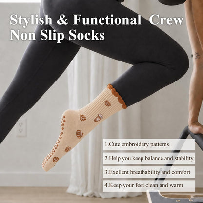 Pilates Socks for Women with Non Slip Grippers, Yoga Crew Socks for Barre Hospital Sticky Slipper Socks 4 Pairs