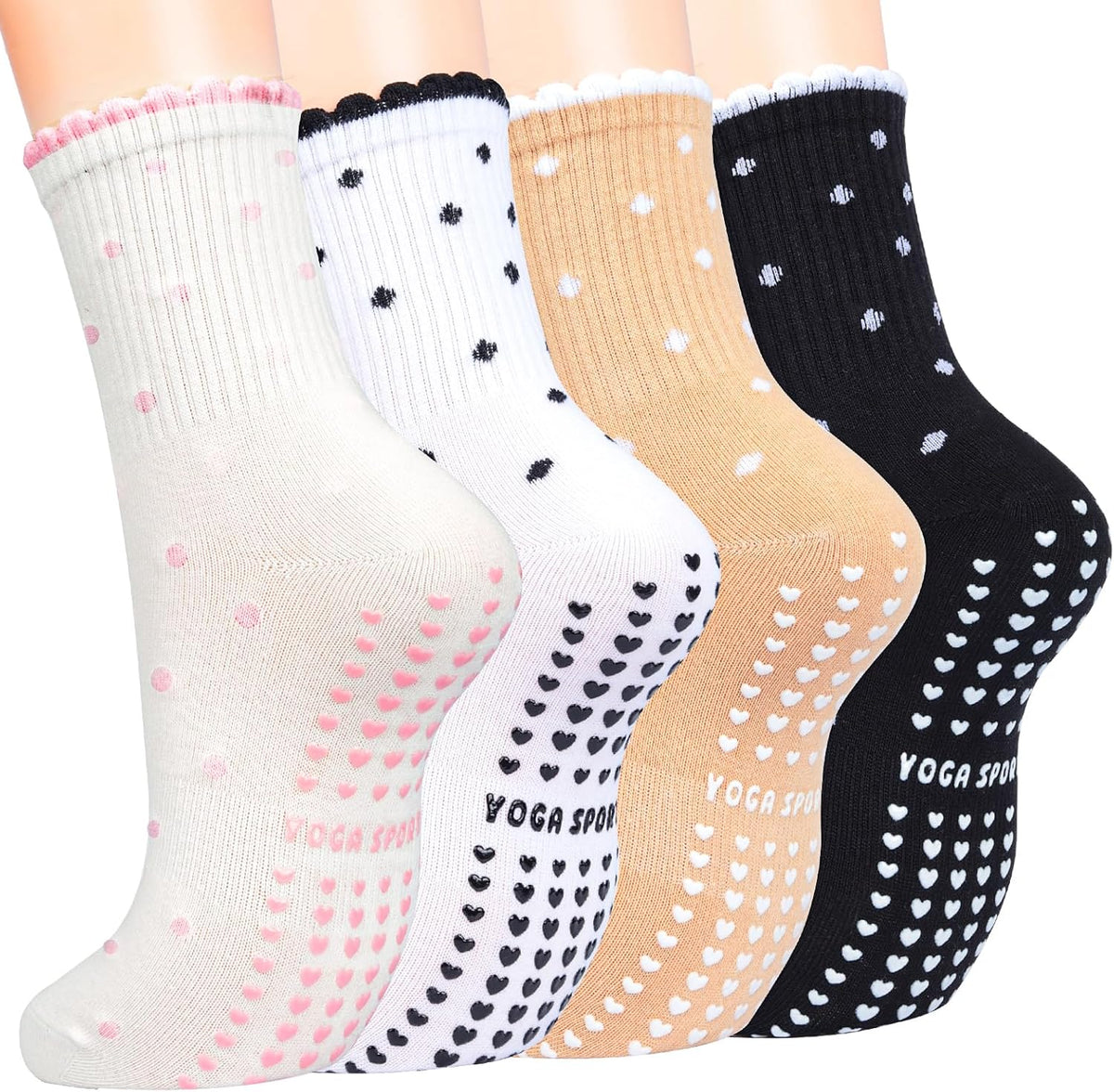 Pilates Socks for Women with Non Slip Grippers, Yoga Crew Socks for Barre Hospital Sticky Slipper Socks 4 Pairs