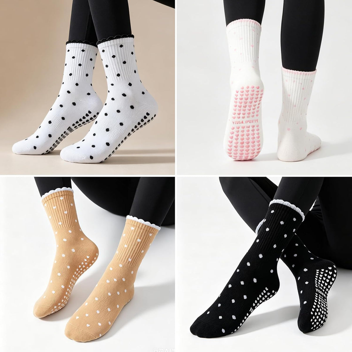 Pilates Socks for Women with Non Slip Grippers, Yoga Crew Socks for Barre Hospital Sticky Slipper Socks 4 Pairs
