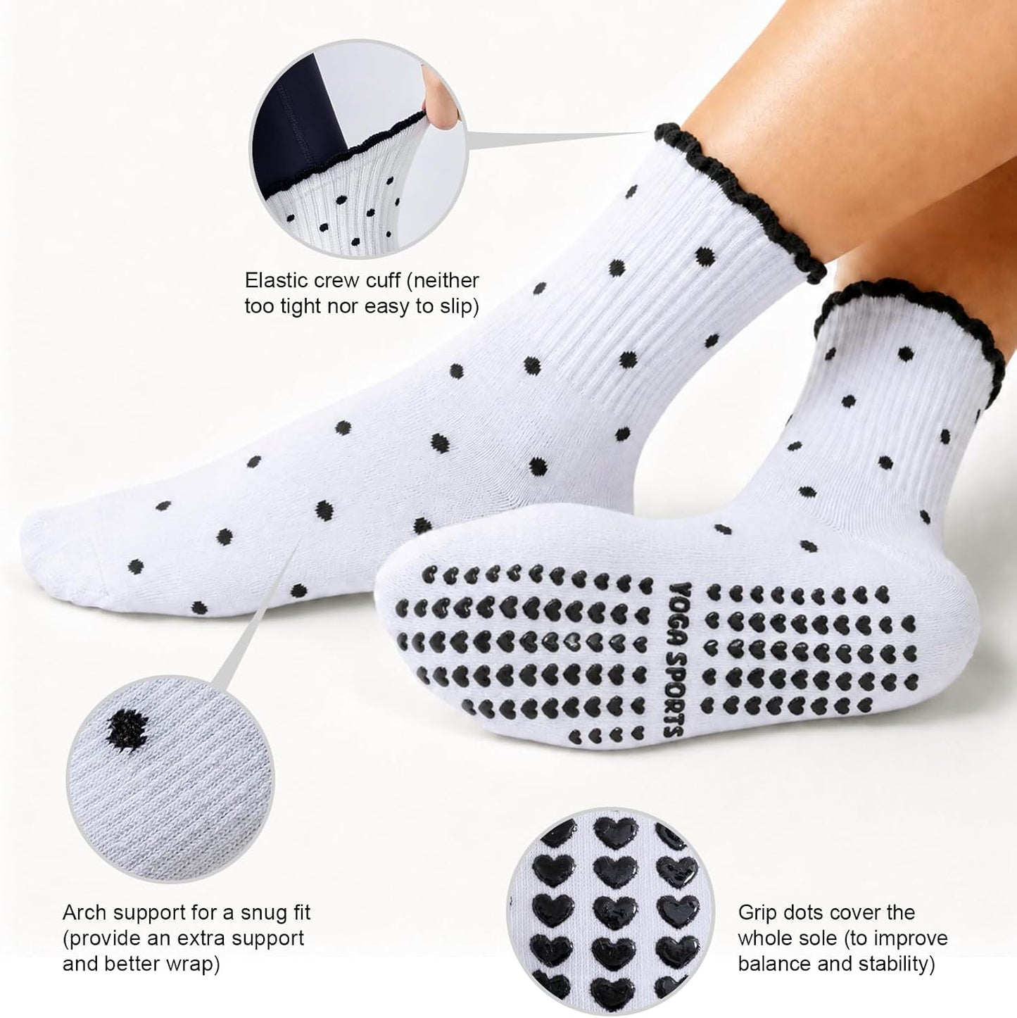 Pilates Socks for Women with Non Slip Grippers, Yoga Crew Socks for Barre Hospital Sticky Slipper Socks 4 Pairs