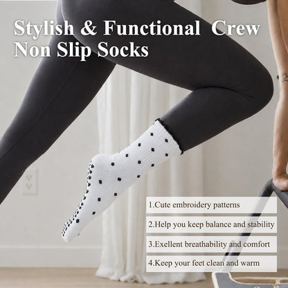 Pilates Socks for Women with Non Slip Grippers, Yoga Crew Socks for Barre Hospital Sticky Slipper Socks 4 Pairs