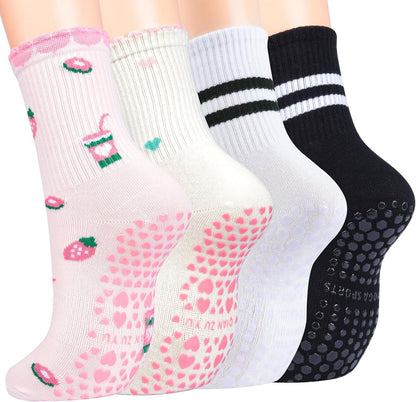 Pilates Socks for Women with Non Slip Grippers, Yoga Crew Socks for Barre Hospital Sticky Slipper Socks 4 Pairs