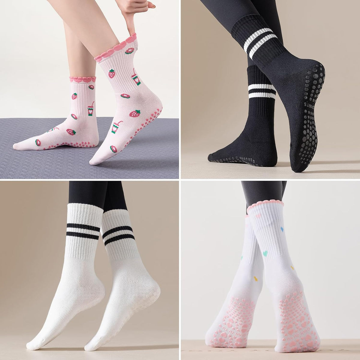 Pilates Socks for Women with Non Slip Grippers, Yoga Crew Socks for Barre Hospital Sticky Slipper Socks 4 Pairs
