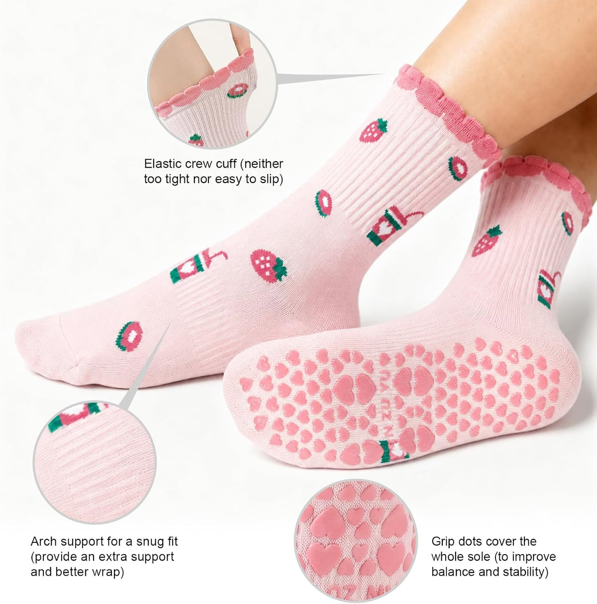 Pilates Socks for Women with Non Slip Grippers, Yoga Crew Socks for Barre Hospital Sticky Slipper Socks 4 Pairs