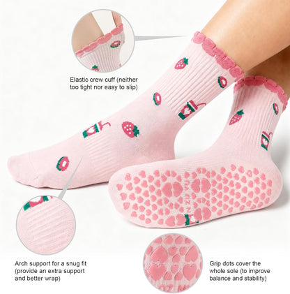 Pilates Socks for Women with Non Slip Grippers, Yoga Crew Socks for Barre Hospital Sticky Slipper Socks 4 Pairs