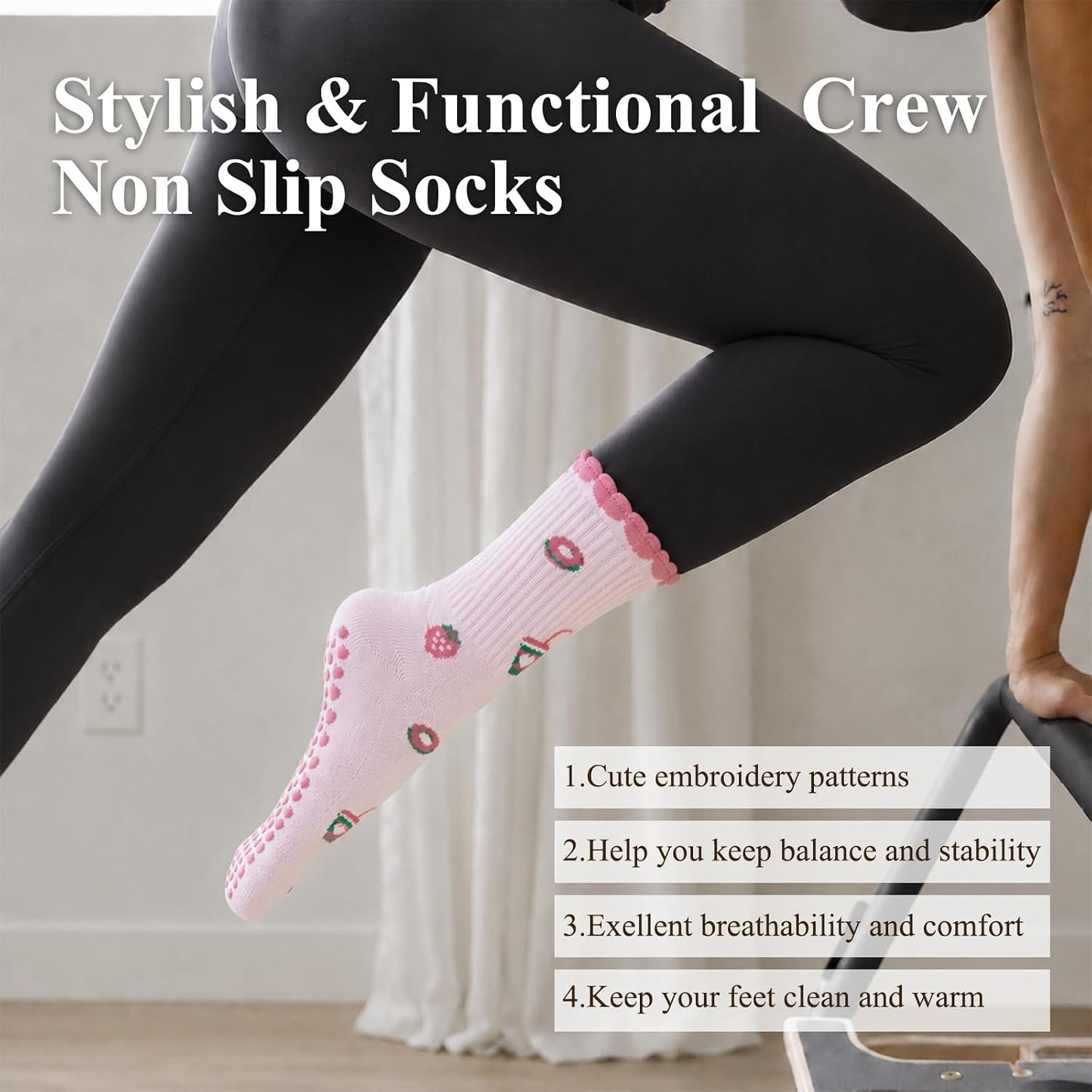 Pilates Socks for Women with Non Slip Grippers, Yoga Crew Socks for Barre Hospital Sticky Slipper Socks 4 Pairs