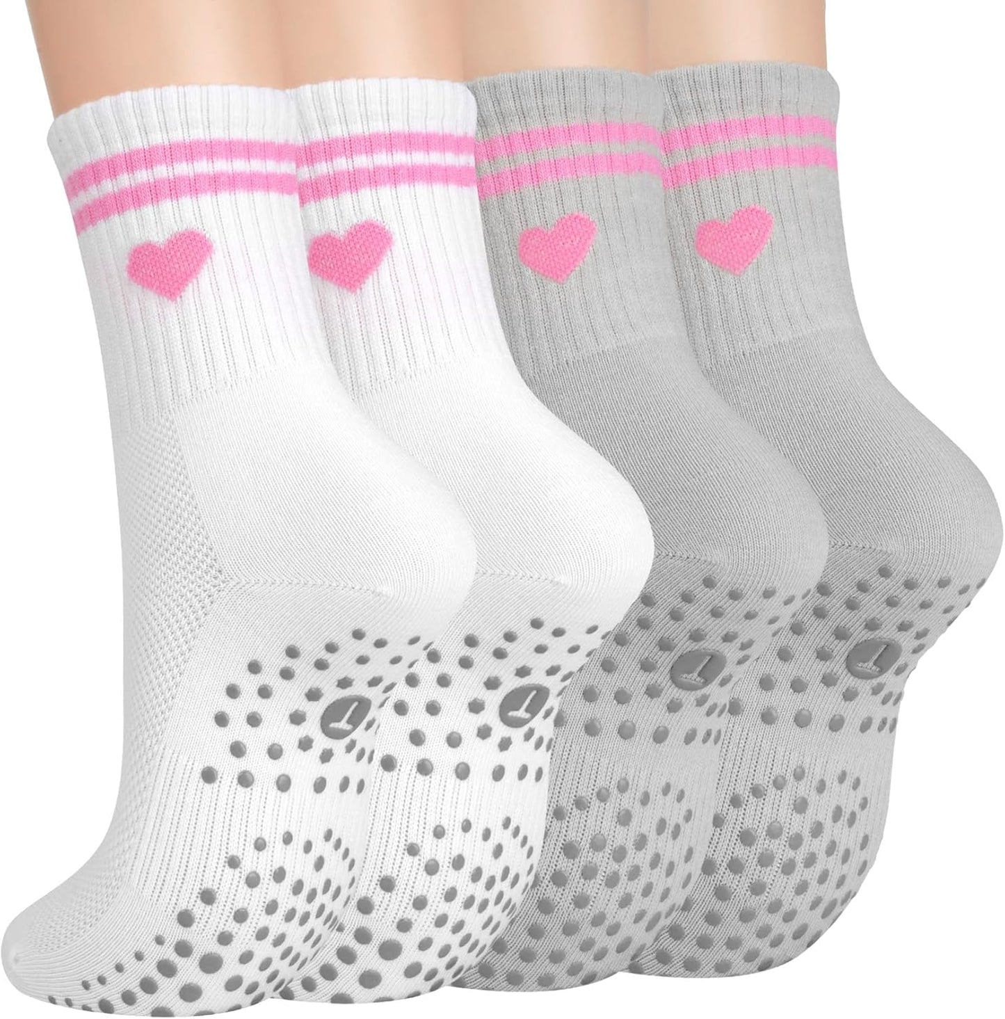 Pilates Socks for Women with Non Slip Grippers, Yoga Crew Socks for Barre Hospital Sticky Slipper Socks 4 Pairs