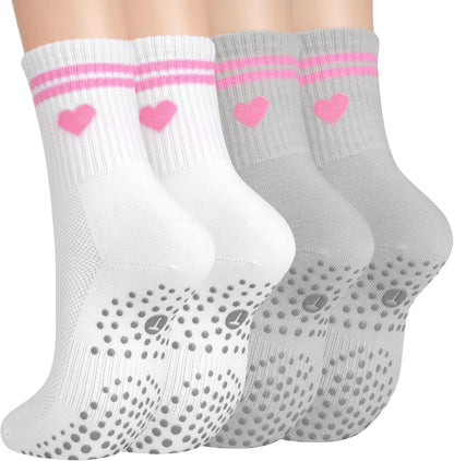 Pilates Socks for Women with Non Slip Grippers, Yoga Crew Socks for Barre Hospital Sticky Slipper Socks 4 Pairs