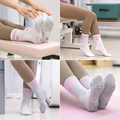 Pilates Socks for Women with Non Slip Grippers, Yoga Crew Socks for Barre Hospital Sticky Slipper Socks 4 Pairs