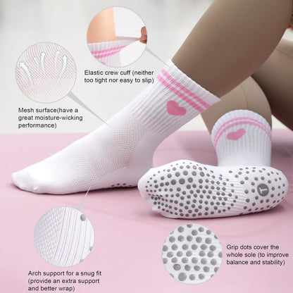 Pilates Socks for Women with Non Slip Grippers, Yoga Crew Socks for Barre Hospital Sticky Slipper Socks 4 Pairs