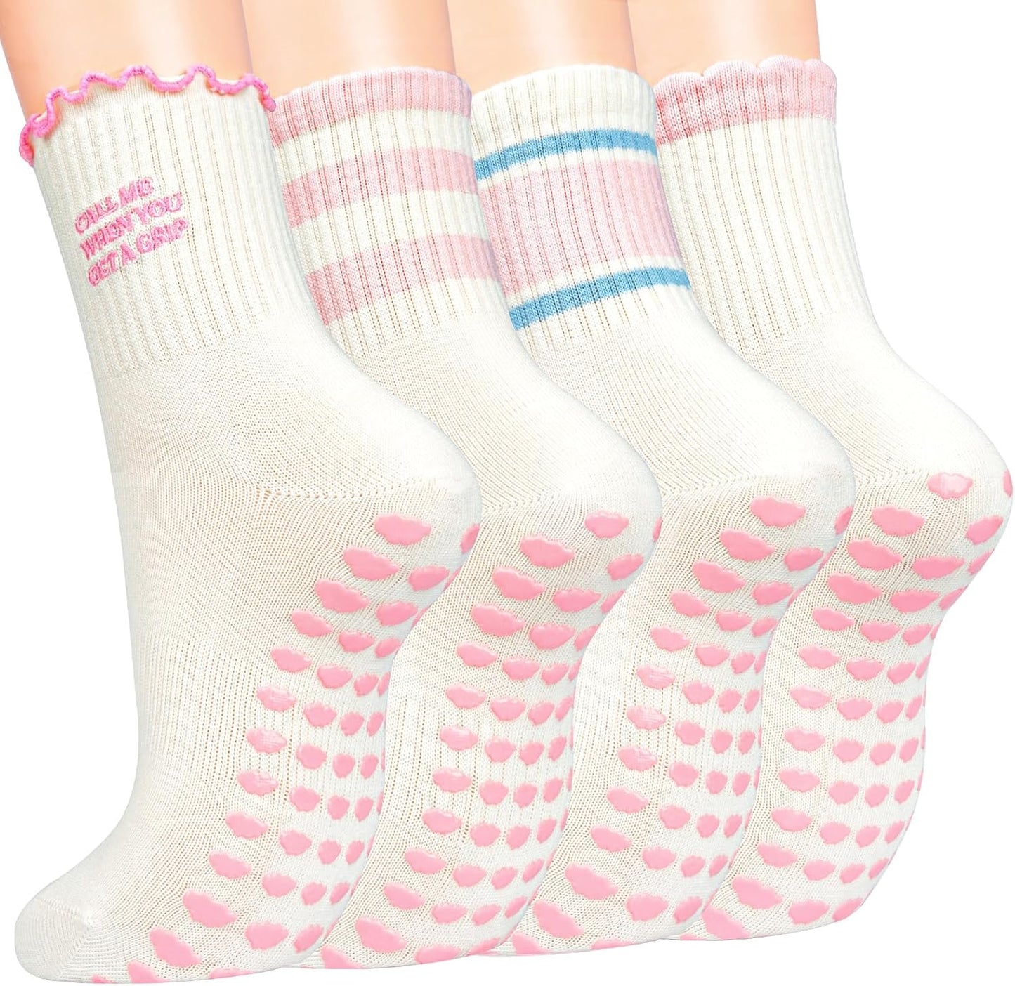 Pilates Socks for Women with Non Slip Grippers, Yoga Crew Socks for Barre Hospital Sticky Slipper Socks 4 Pairs