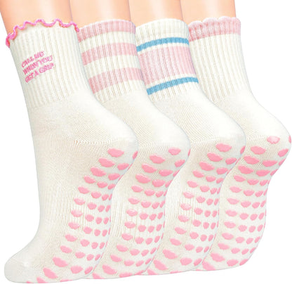 Pilates Socks for Women with Non Slip Grippers, Yoga Crew Socks for Barre Hospital Sticky Slipper Socks 4 Pairs