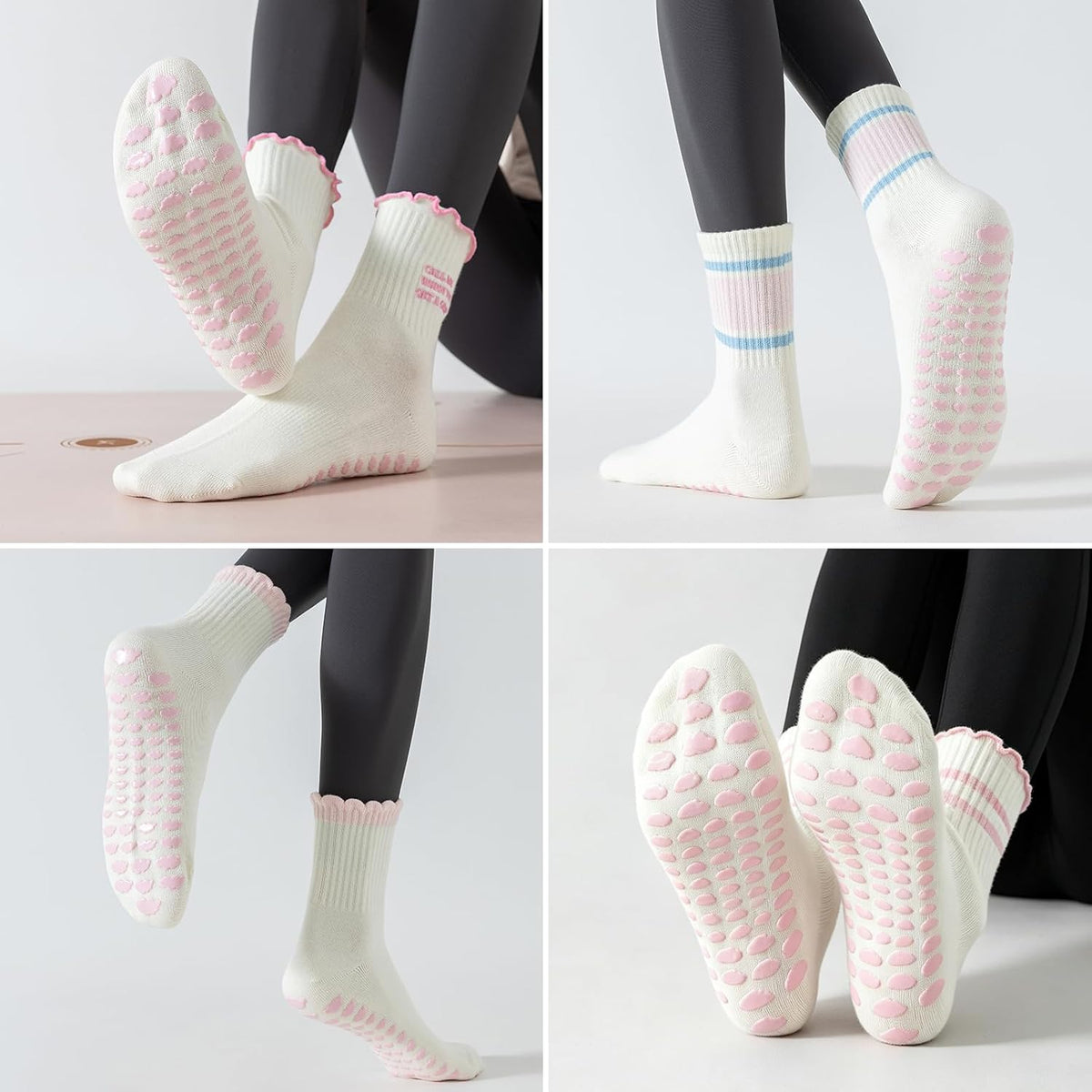 Pilates Socks for Women with Non Slip Grippers, Yoga Crew Socks for Barre Hospital Sticky Slipper Socks 4 Pairs