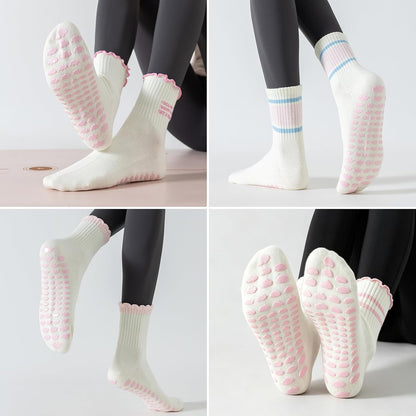 Pilates Socks for Women with Non Slip Grippers, Yoga Crew Socks for Barre Hospital Sticky Slipper Socks 4 Pairs