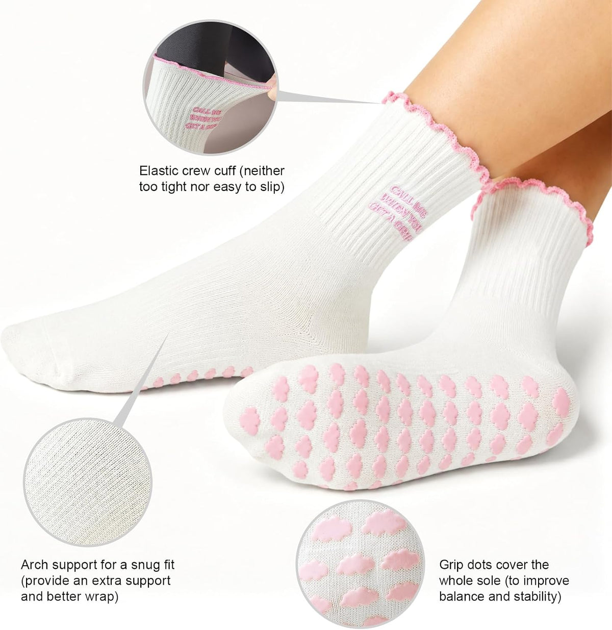 Pilates Socks for Women with Non Slip Grippers, Yoga Crew Socks for Barre Hospital Sticky Slipper Socks 4 Pairs