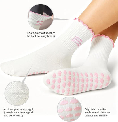 Pilates Socks for Women with Non Slip Grippers, Yoga Crew Socks for Barre Hospital Sticky Slipper Socks 4 Pairs