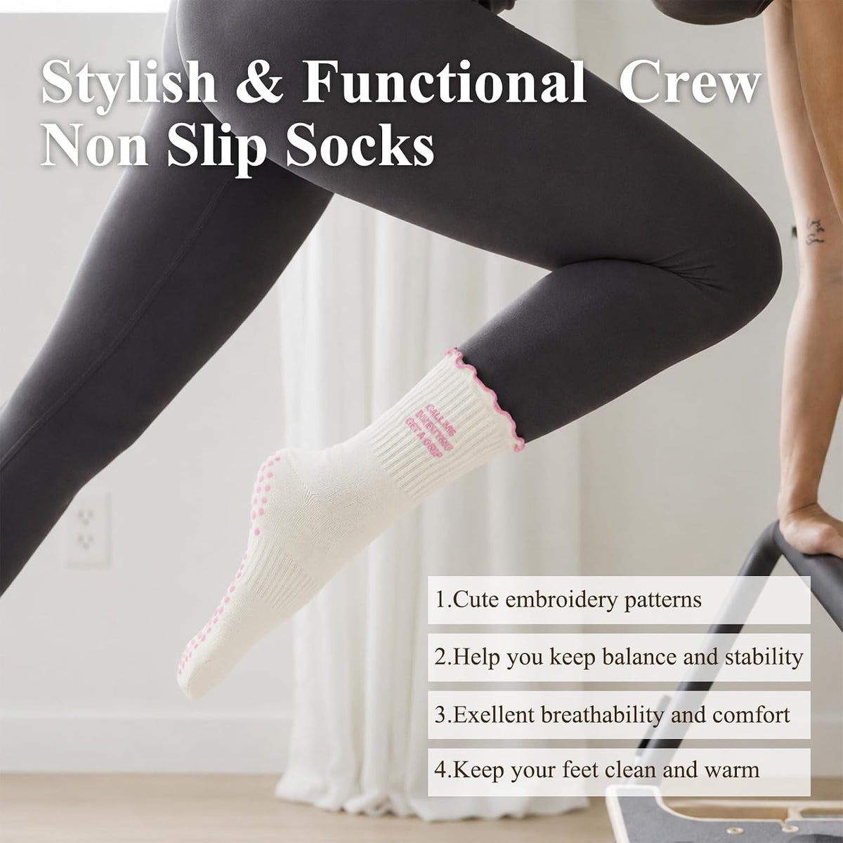 Pilates Socks for Women with Non Slip Grippers, Yoga Crew Socks for Barre Hospital Sticky Slipper Socks 4 Pairs