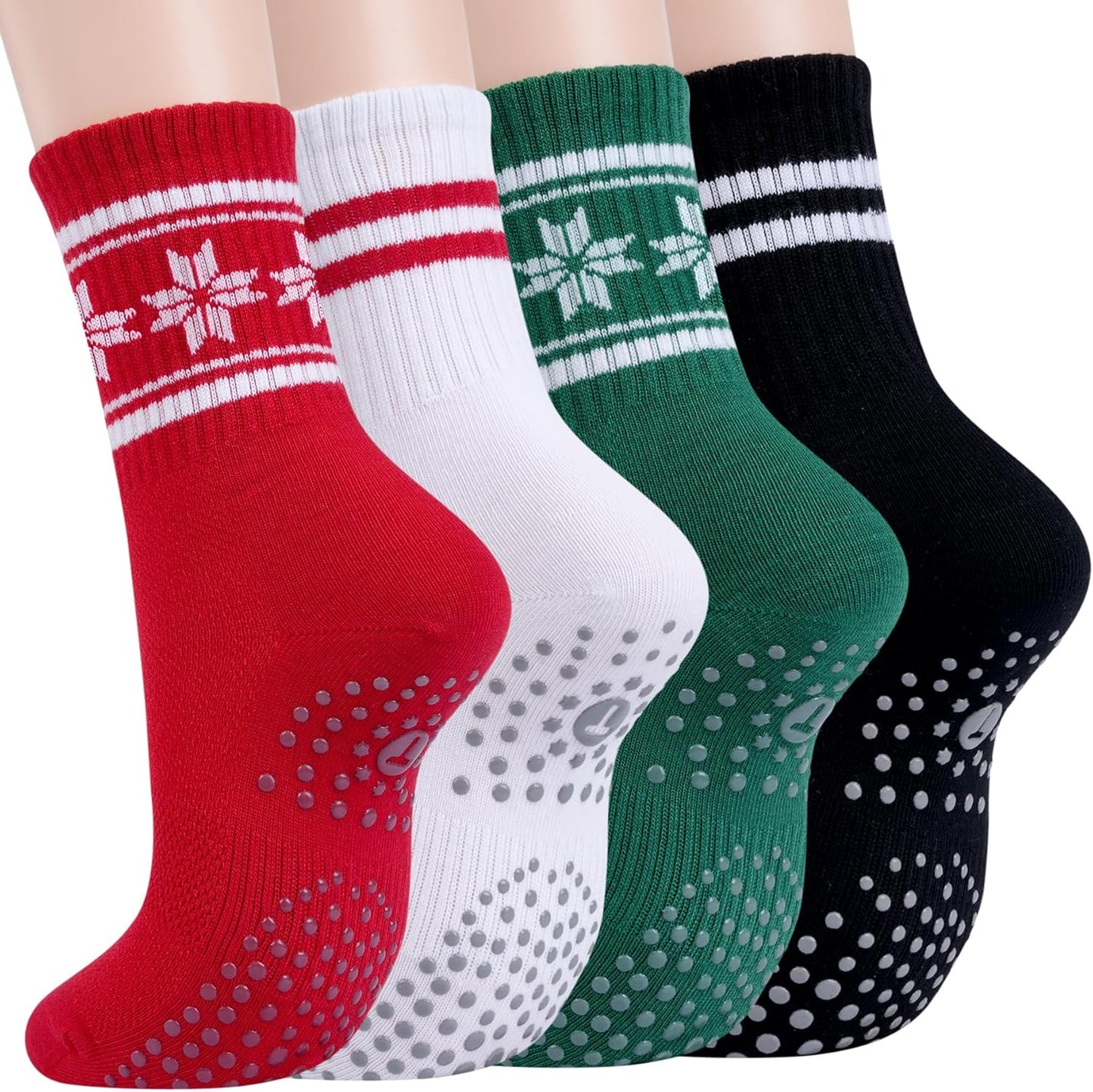 Pilates Socks for Women with Non Slip Grippers, Yoga Crew Socks for Barre Hospital Sticky Slipper Socks 4 Pairs