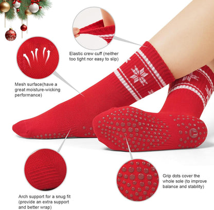 Pilates Socks for Women with Non Slip Grippers, Yoga Crew Socks for Barre Hospital Sticky Slipper Socks 4 Pairs