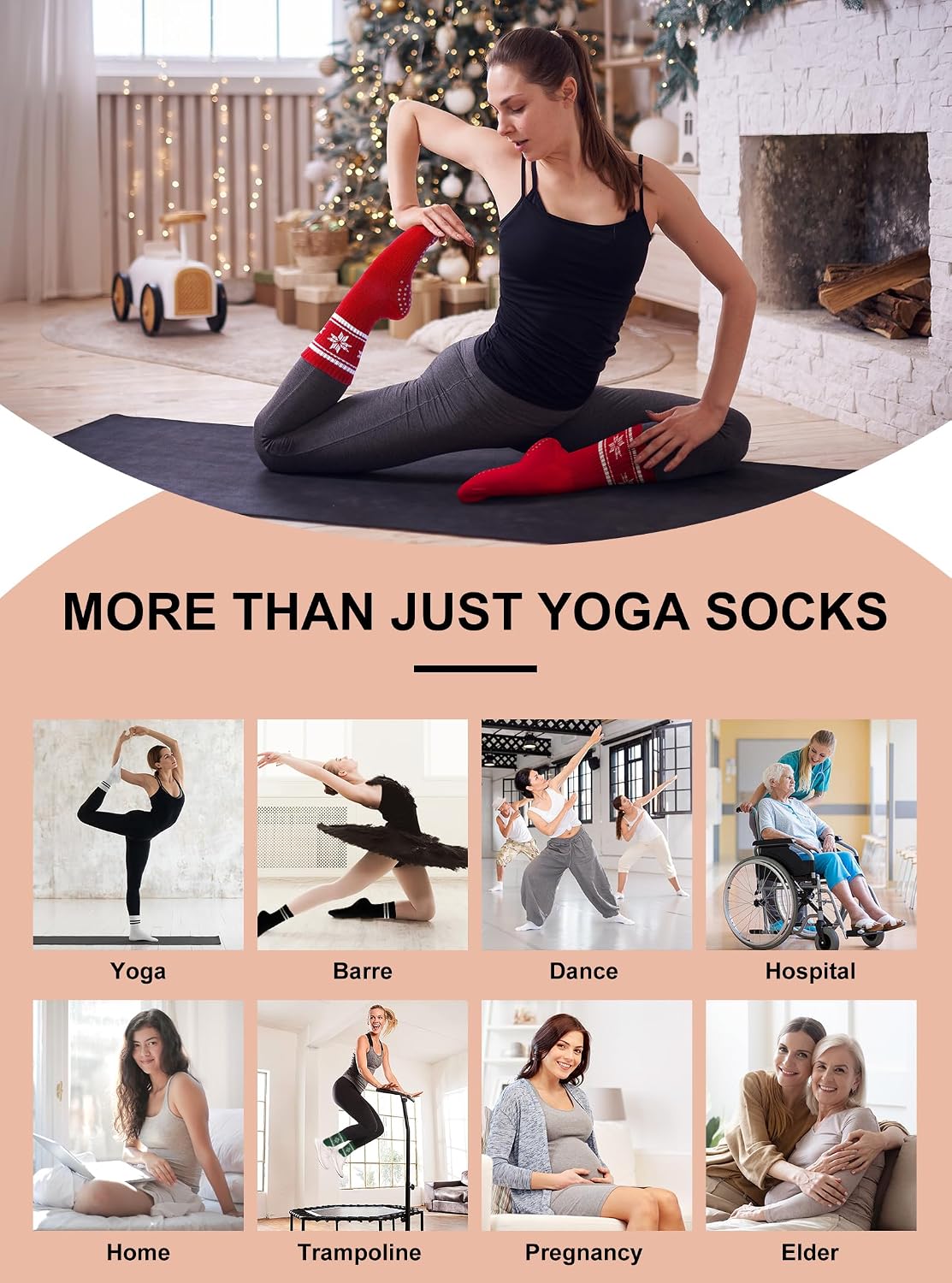 Pilates Socks for Women with Non Slip Grippers, Yoga Crew Socks for Barre Hospital Sticky Slipper Socks 4 Pairs