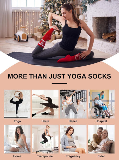 Pilates Socks for Women with Non Slip Grippers, Yoga Crew Socks for Barre Hospital Sticky Slipper Socks 4 Pairs