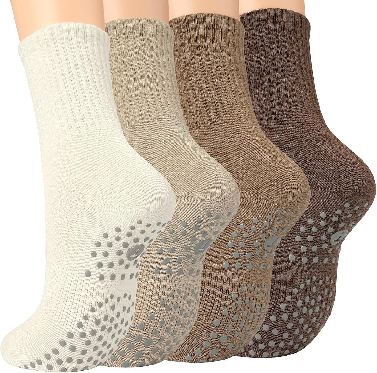 Pilates Socks for Women with Non Slip Grippers, Yoga Crew Socks for Barre Hospital Sticky Slipper Socks 4 Pairs