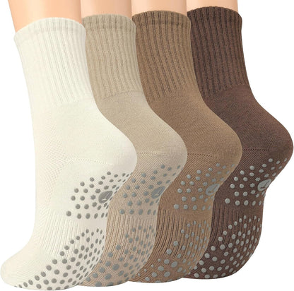Pilates Socks for Women with Non Slip Grippers, Yoga Crew Socks for Barre Hospital Sticky Slipper Socks 4 Pairs