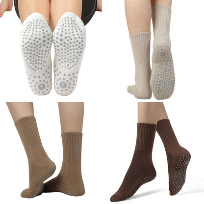 Pilates Socks for Women with Non Slip Grippers, Yoga Crew Socks for Barre Hospital Sticky Slipper Socks 4 Pairs