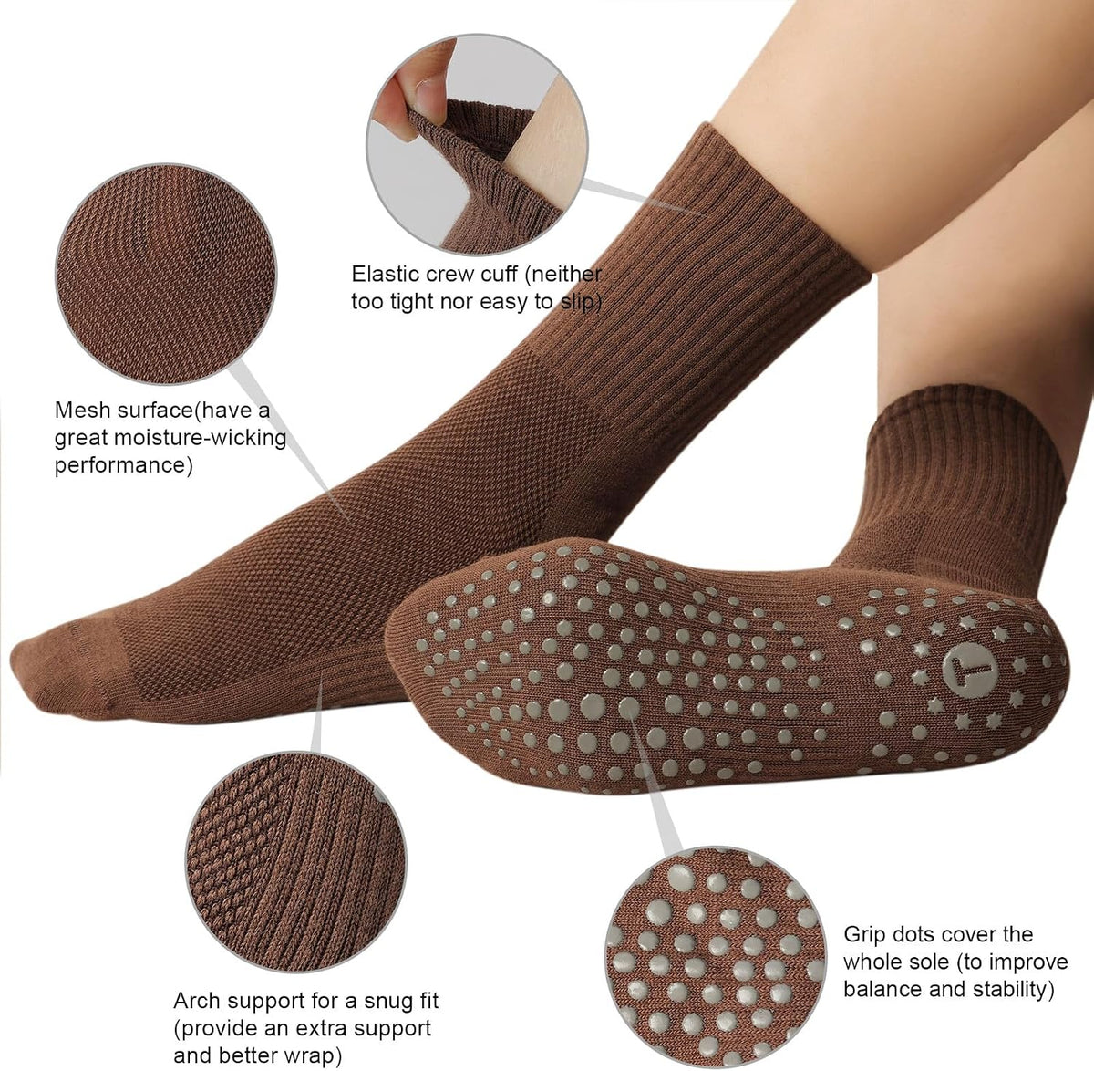 Pilates Socks for Women with Non Slip Grippers, Yoga Crew Socks for Barre Hospital Sticky Slipper Socks 4 Pairs