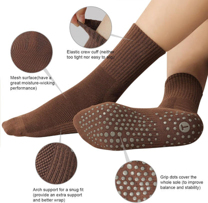 Pilates Socks for Women with Non Slip Grippers, Yoga Crew Socks for Barre Hospital Sticky Slipper Socks 4 Pairs