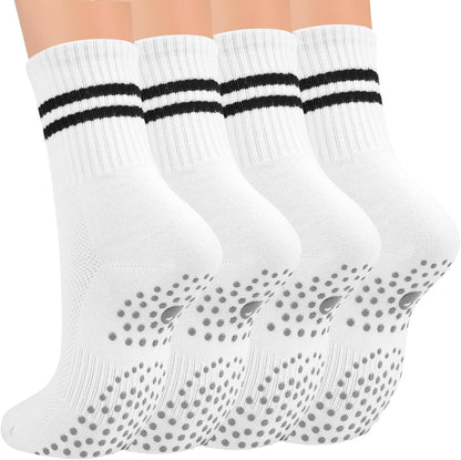 Pilates Socks for Women with Non Slip Grippers, Yoga Crew Socks for Barre Hospital Sticky Slipper Socks 4 Pairs