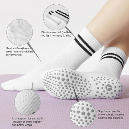 Pilates Socks for Women with Non Slip Grippers, Yoga Crew Socks for Barre Hospital Sticky Slipper Socks 4 Pairs