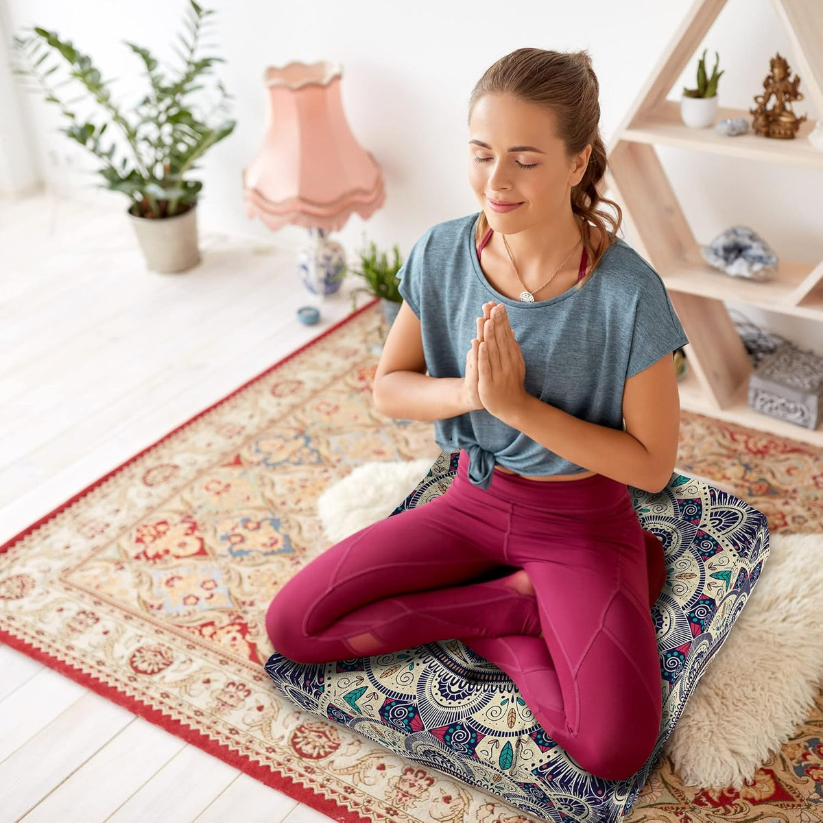Mandala Meditation Cushion, Boho Meditation Mat, Meditation Pillows for Sitting on Floor, Cushions for Sitting in Home and Outdoor, Round Floor Pillows Cushion Seating for Yoga Accessories 22'' X 22''
