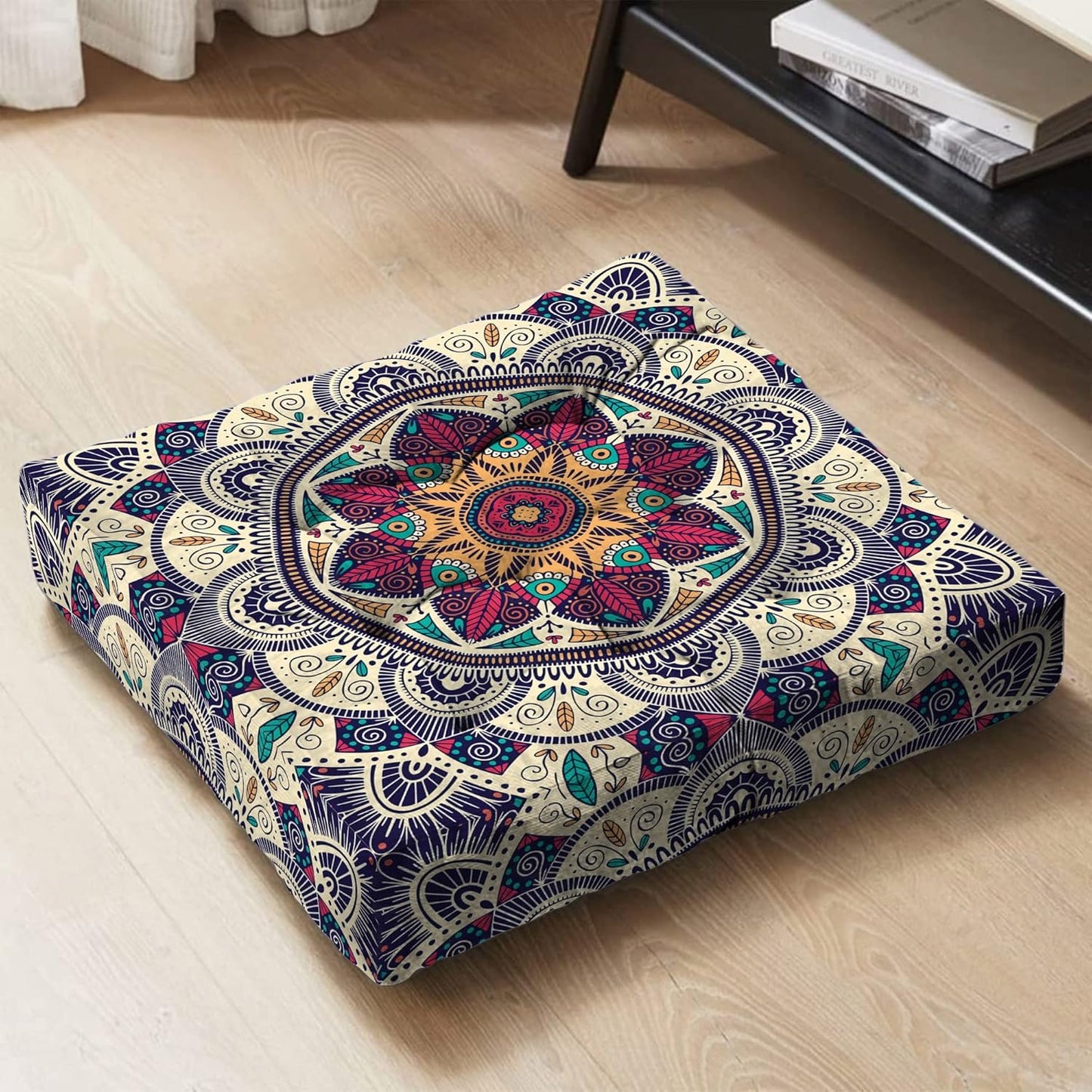 Mandala Meditation Cushion, Boho Meditation Mat, Meditation Pillows for Sitting on Floor, Cushions for Sitting in Home and Outdoor, Round Floor Pillows Cushion Seating for Yoga Accessories 22'' X 22''