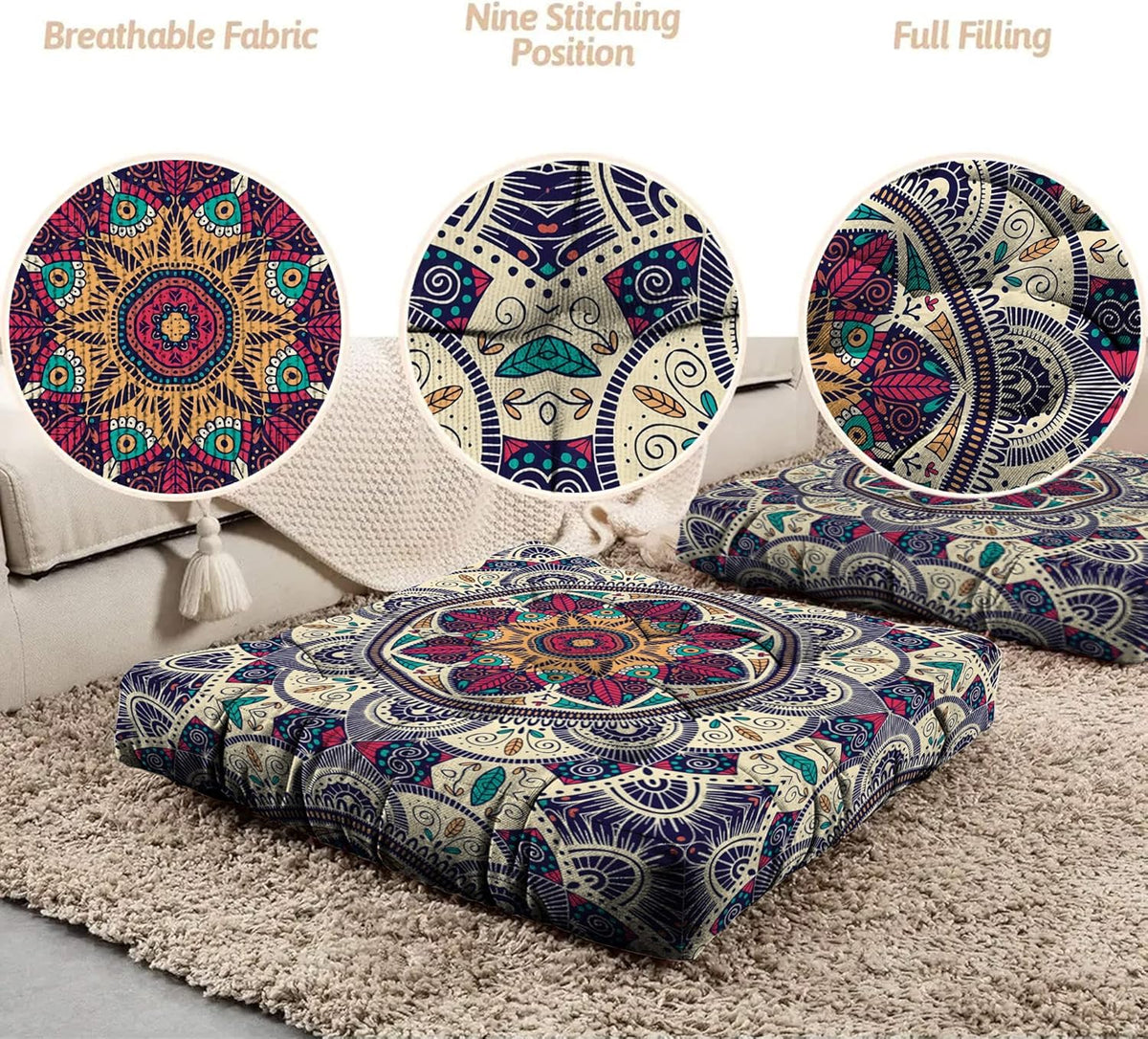 Mandala Meditation Cushion, Boho Meditation Mat, Meditation Pillows for Sitting on Floor, Cushions for Sitting in Home and Outdoor, Round Floor Pillows Cushion Seating for Yoga Accessories 22'' X 22''