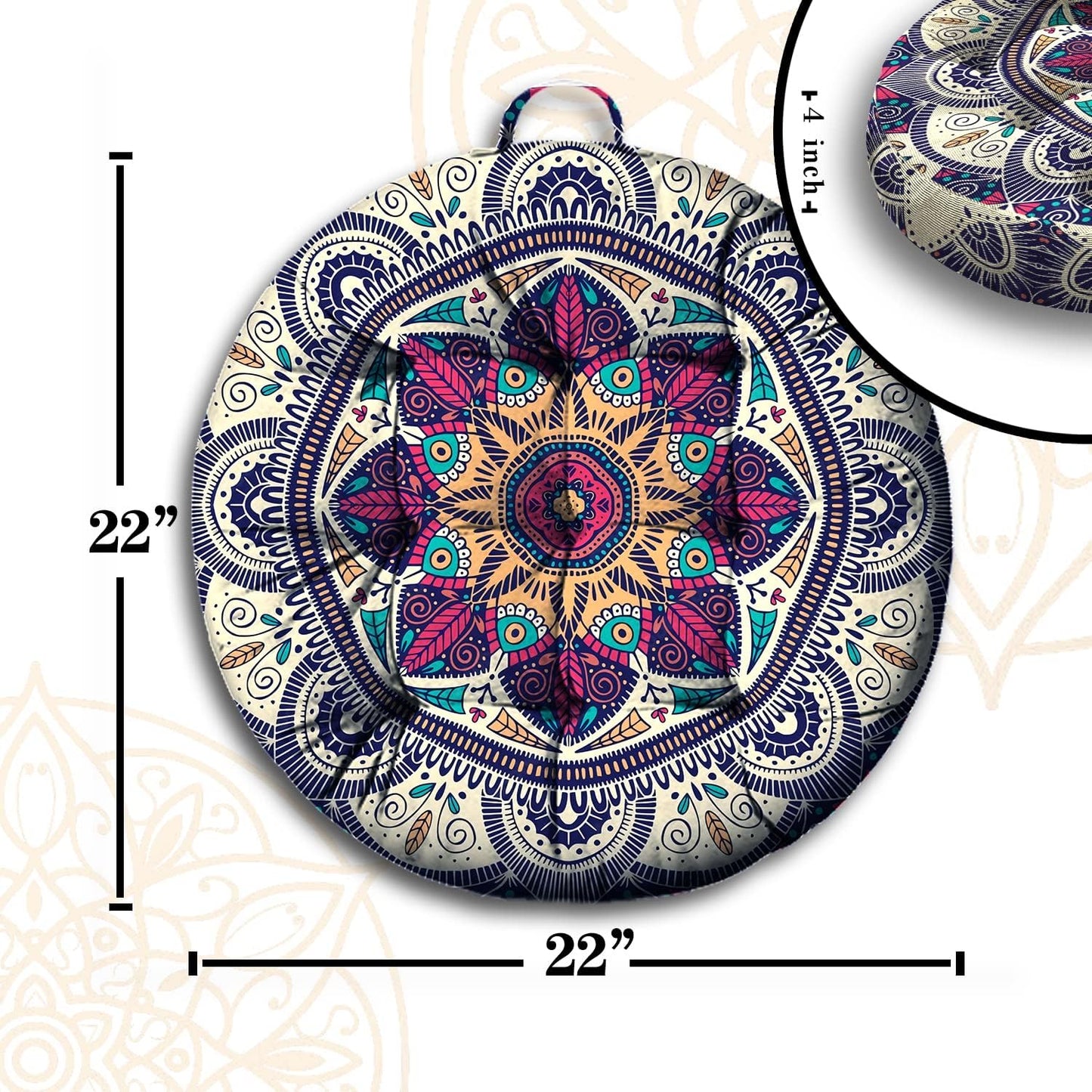 Mandala Meditation Cushion, Boho Meditation Mat, Meditation Pillows for Sitting on Floor, Cushions for Sitting in Home and Outdoor, Round Floor Pillows Cushion Seating for Yoga Accessories 22'' X 22''