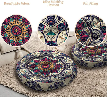 Mandala Meditation Cushion, Boho Meditation Mat, Meditation Pillows for Sitting on Floor, Cushions for Sitting in Home and Outdoor, Round Floor Pillows Cushion Seating for Yoga Accessories 22'' X 22''