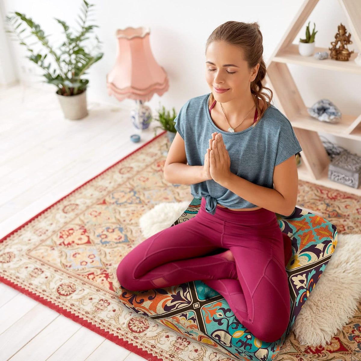 Mandala Meditation Cushion, Boho Meditation Mat, Meditation Pillows for Sitting on Floor, Cushions for Sitting in Home and Outdoor, Round Floor Pillows Cushion Seating for Yoga Accessories 22'' X 22''