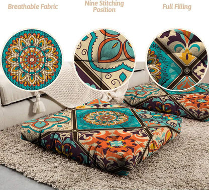 Mandala Meditation Cushion, Boho Meditation Mat, Meditation Pillows for Sitting on Floor, Cushions for Sitting in Home and Outdoor, Round Floor Pillows Cushion Seating for Yoga Accessories 22'' X 22''