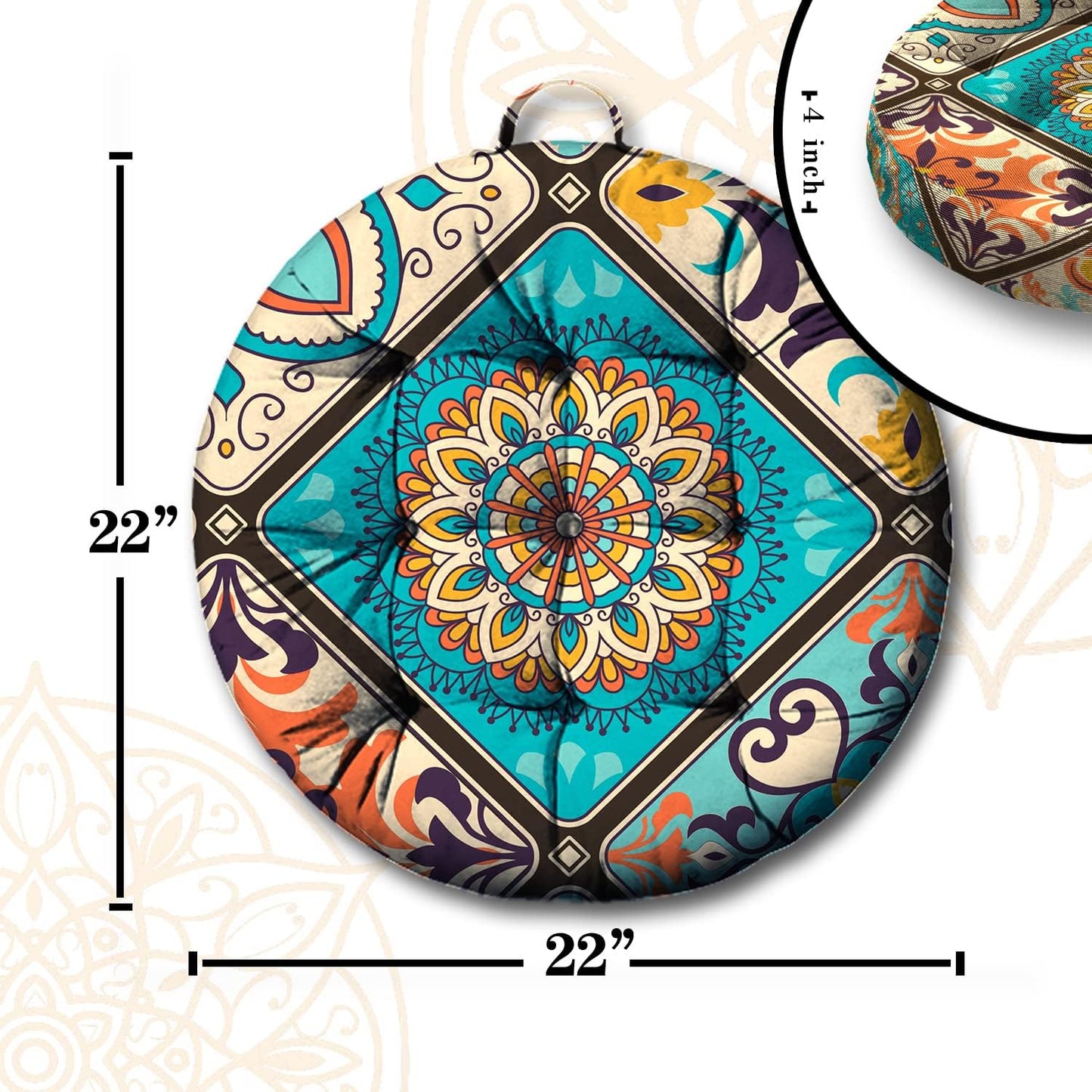 Mandala Meditation Cushion, Boho Meditation Mat, Meditation Pillows for Sitting on Floor, Cushions for Sitting in Home and Outdoor, Round Floor Pillows Cushion Seating for Yoga Accessories 22'' X 22''