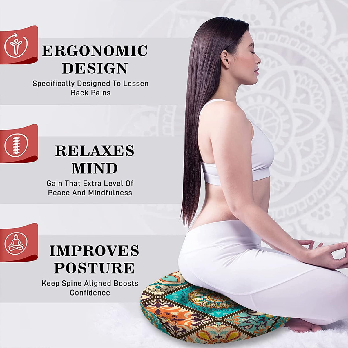 Mandala Meditation Cushion, Boho Meditation Mat, Meditation Pillows for Sitting on Floor, Cushions for Sitting in Home and Outdoor, Round Floor Pillows Cushion Seating for Yoga Accessories 22'' X 22''