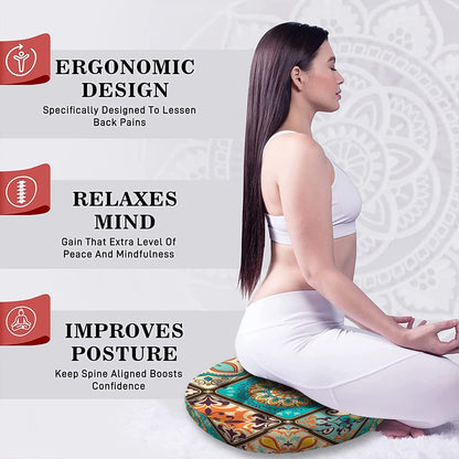 Mandala Meditation Cushion, Boho Meditation Mat, Meditation Pillows for Sitting on Floor, Cushions for Sitting in Home and Outdoor, Round Floor Pillows Cushion Seating for Yoga Accessories 22'' X 22''