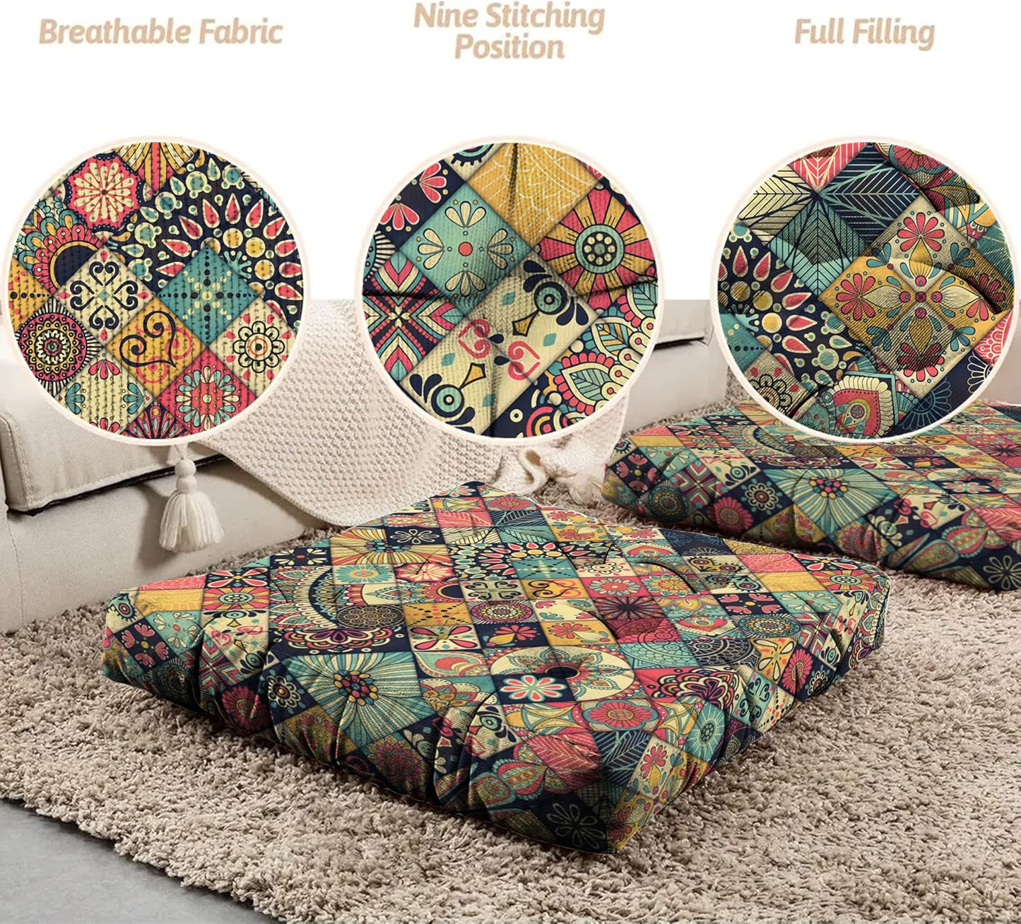 Mandala Meditation Cushion, Boho Meditation Mat, Meditation Pillows for Sitting on Floor, Cushions for Sitting in Home and Outdoor, Round Floor Pillows Cushion Seating for Yoga Accessories 22'' X 22''