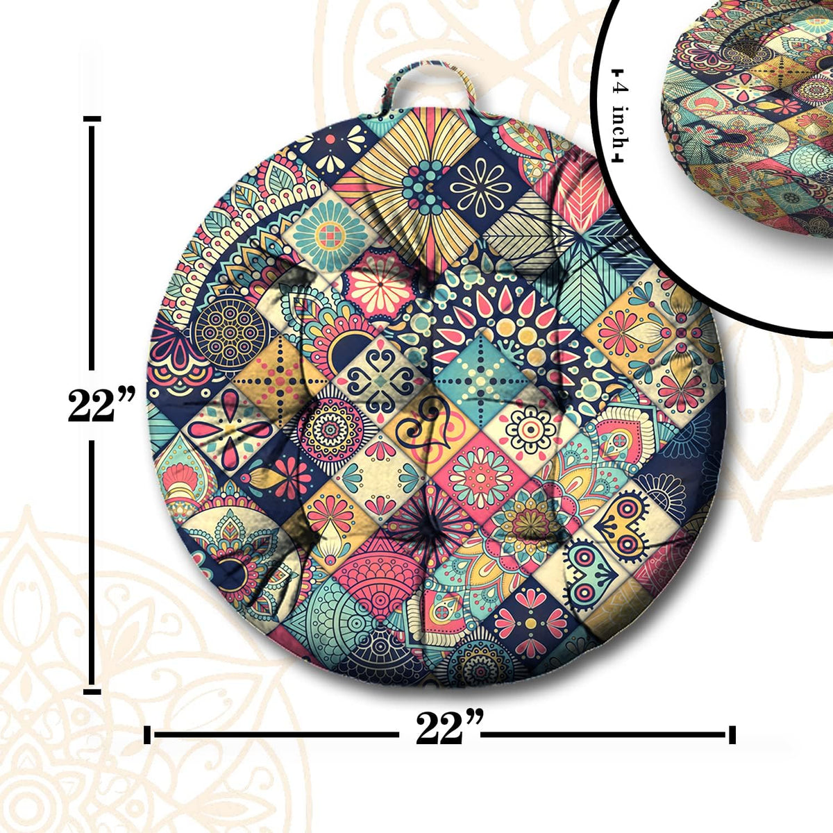 Mandala Meditation Cushion, Boho Meditation Mat, Meditation Pillows for Sitting on Floor, Cushions for Sitting in Home and Outdoor, Round Floor Pillows Cushion Seating for Yoga Accessories 22'' X 22''