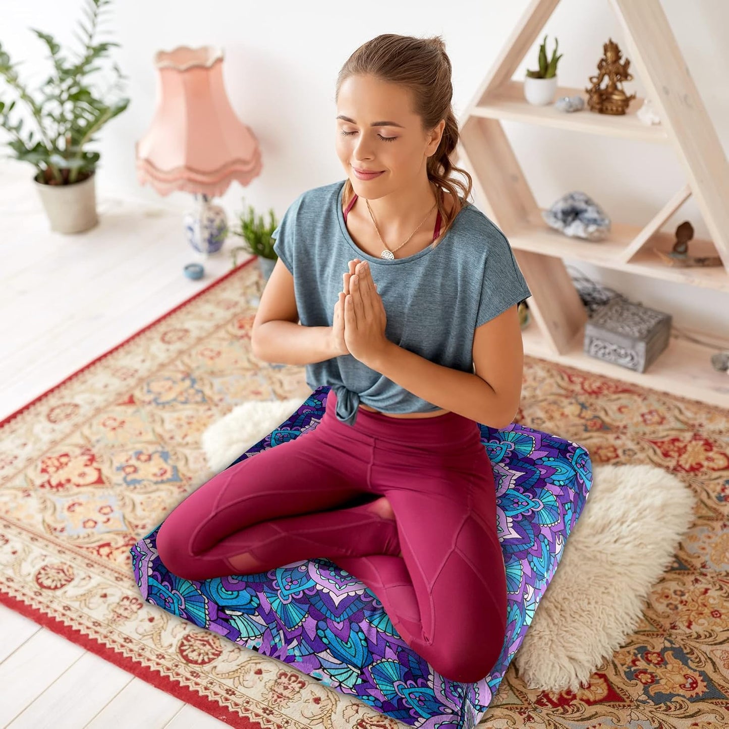 Mandala Meditation Cushion, Boho Meditation Mat, Meditation Pillows for Sitting on Floor, Cushions for Sitting in Home and Outdoor, Round Floor Pillows Cushion Seating for Yoga Accessories 22'' X 22''