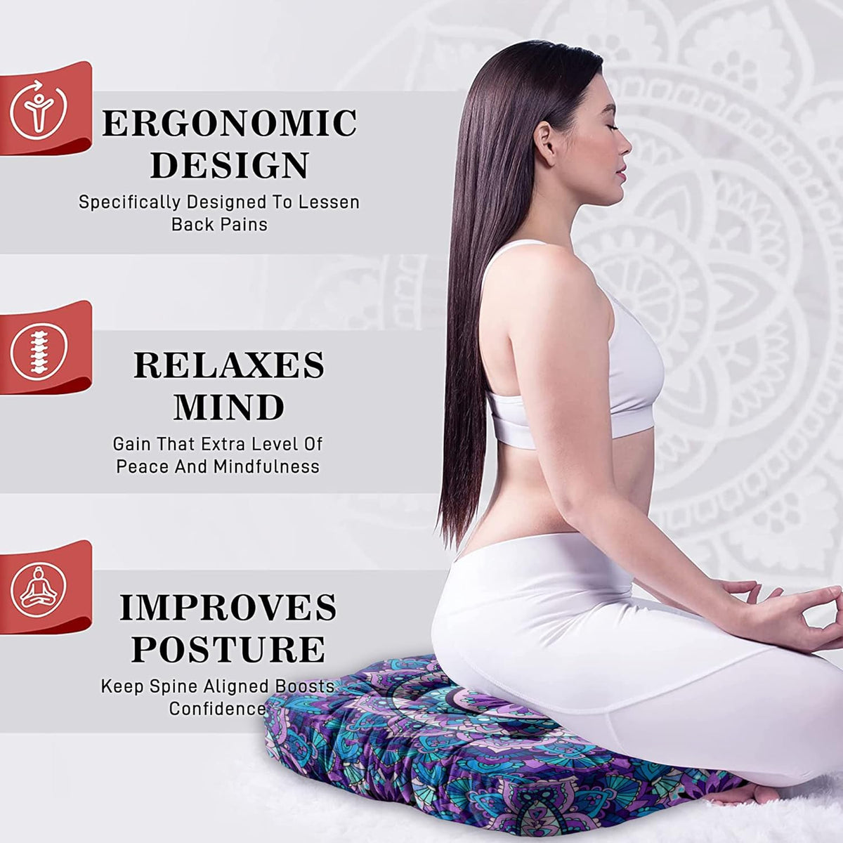 Mandala Meditation Cushion, Boho Meditation Mat, Meditation Pillows for Sitting on Floor, Cushions for Sitting in Home and Outdoor, Round Floor Pillows Cushion Seating for Yoga Accessories 22'' X 22''