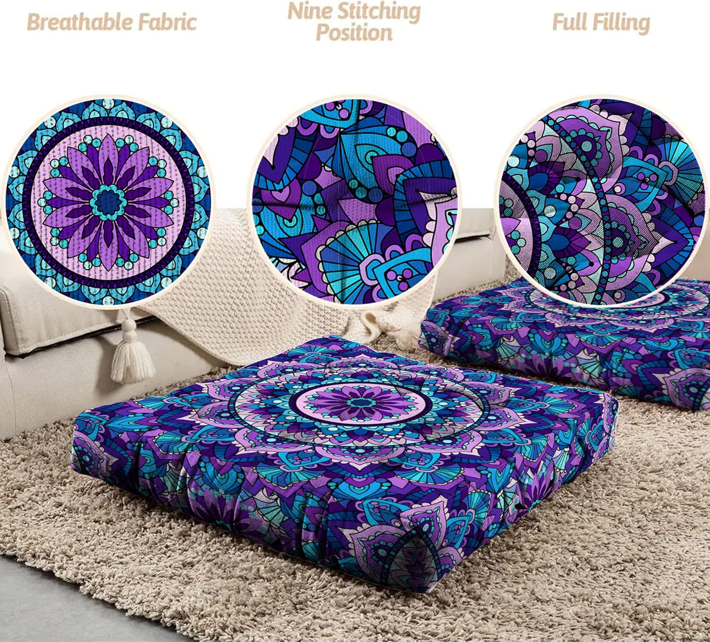 Mandala Meditation Cushion, Boho Meditation Mat, Meditation Pillows for Sitting on Floor, Cushions for Sitting in Home and Outdoor, Round Floor Pillows Cushion Seating for Yoga Accessories 22'' X 22''