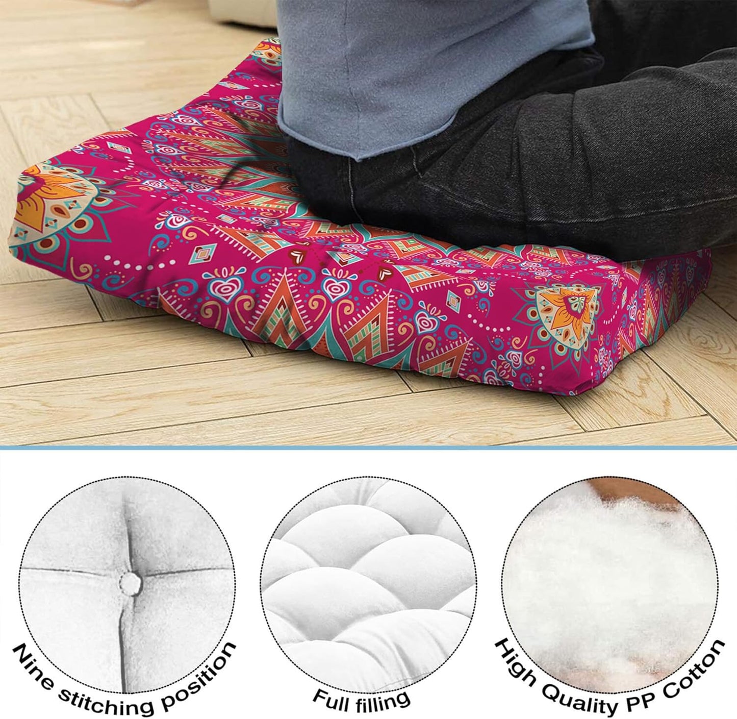 Mandala Meditation Cushion, Boho Meditation Mat, Meditation Pillows for Sitting on Floor, Cushions for Sitting in Home and Outdoor, Round Floor Pillows Cushion Seating for Yoga Accessories 22'' X 22''
