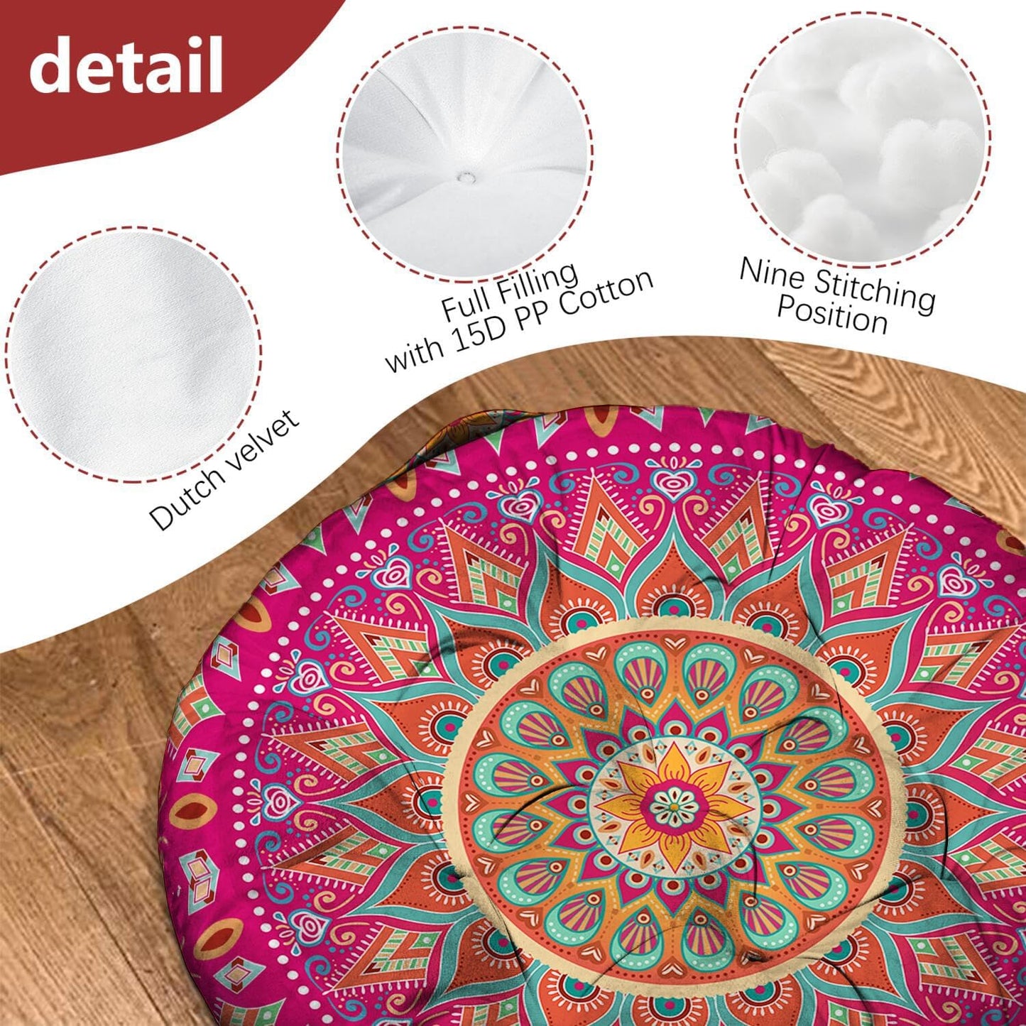 Mandala Meditation Cushion, Boho Meditation Mat, Meditation Pillows for Sitting on Floor, Cushions for Sitting in Home and Outdoor, Round Floor Pillows Cushion Seating for Yoga Accessories 22'' X 22''