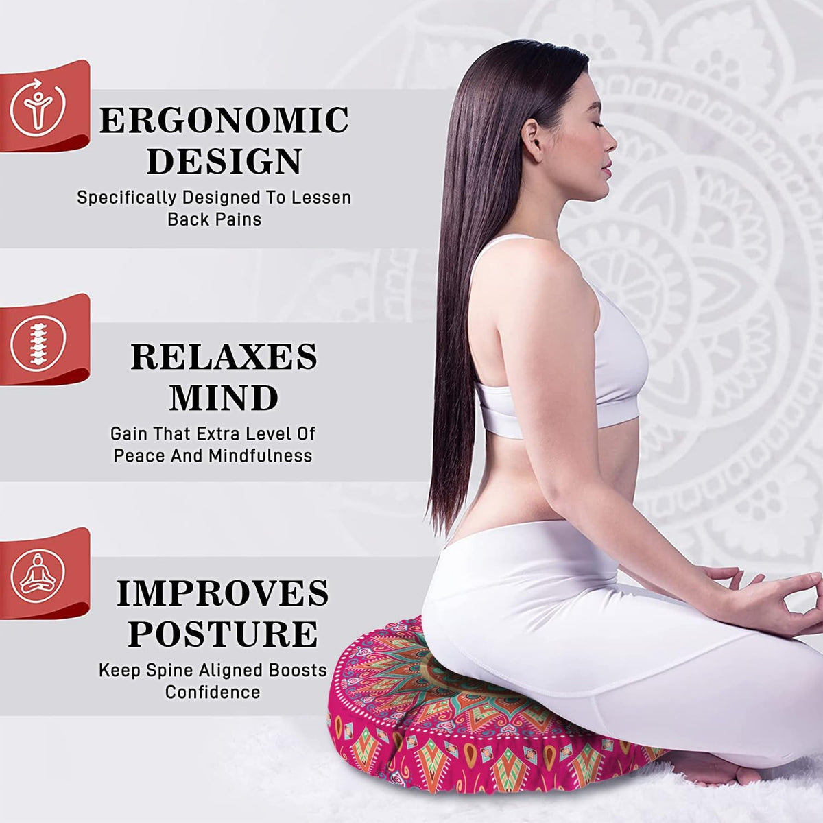 Mandala Meditation Cushion, Boho Meditation Mat, Meditation Pillows for Sitting on Floor, Cushions for Sitting in Home and Outdoor, Round Floor Pillows Cushion Seating for Yoga Accessories 22'' X 22''